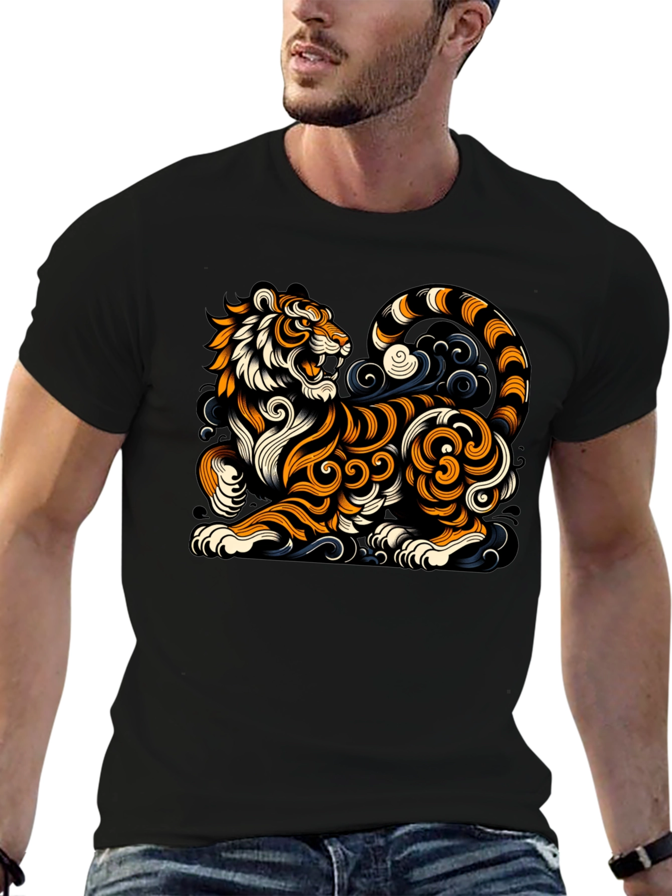 Stylized Tiger Graphic Tee - Black