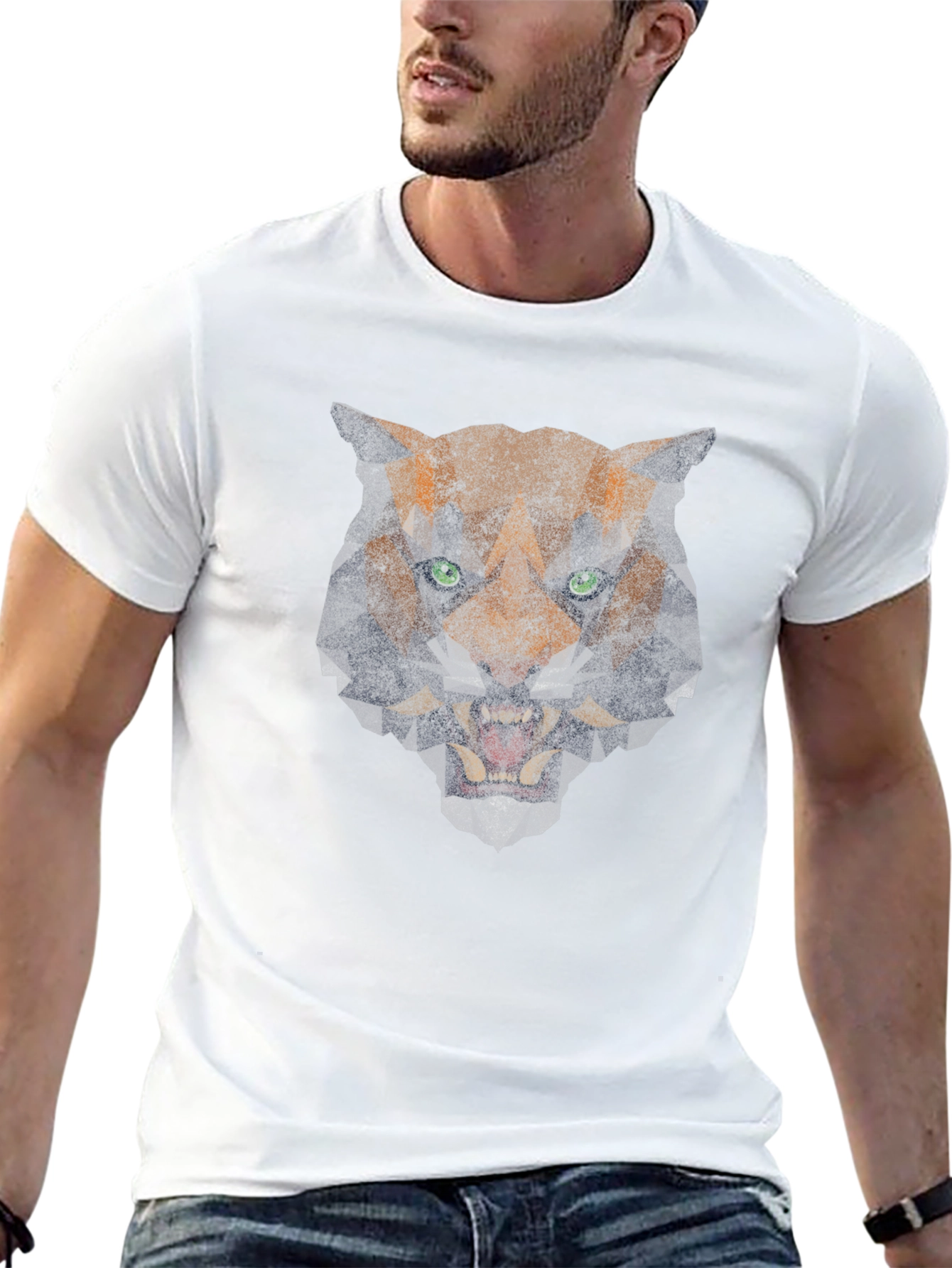 Geometric Tiger Graphic Print Black T-Shirt