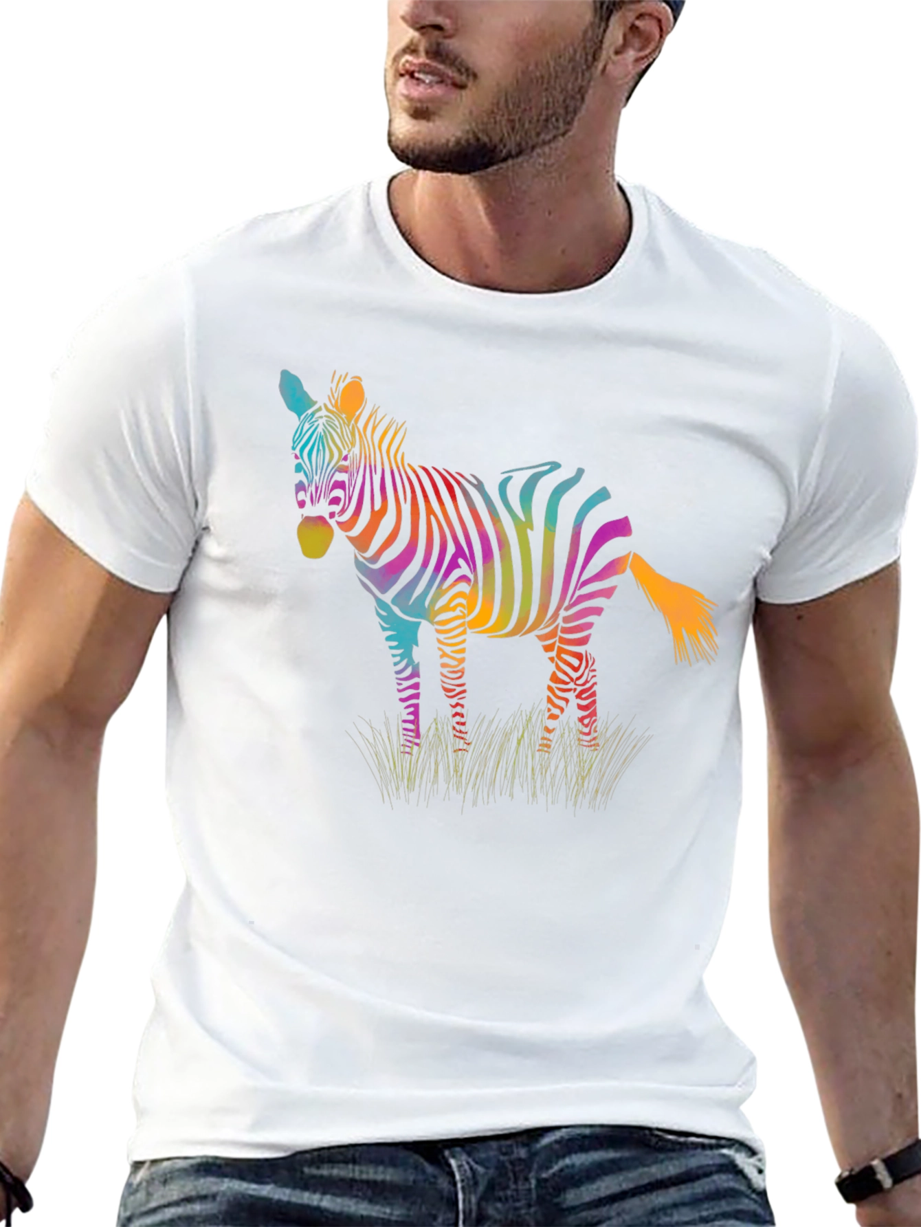 Rainbow Zebra Graphic Print Mens Black T-Shirt