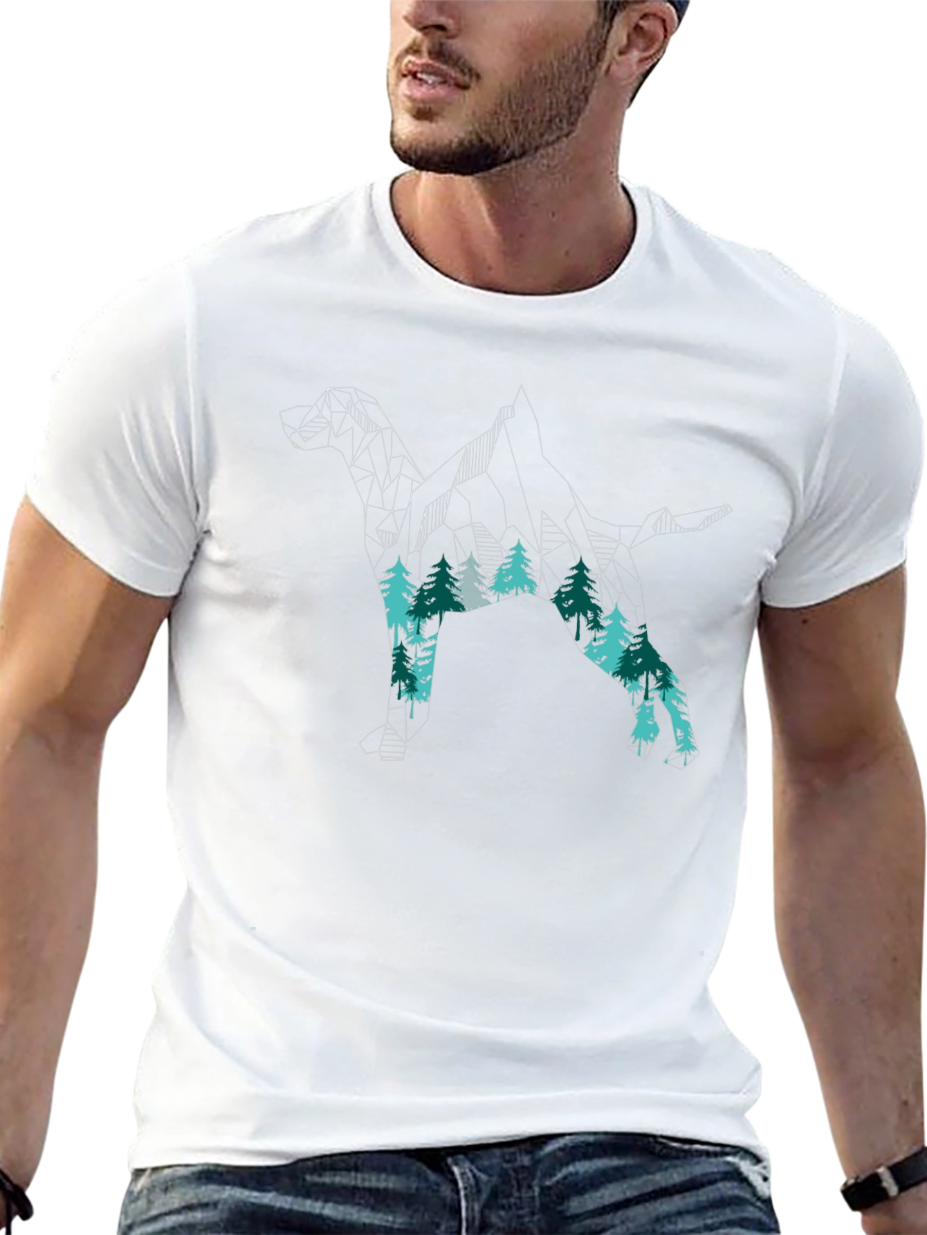 Geometric Dog & Forest Print Black T-Shirt