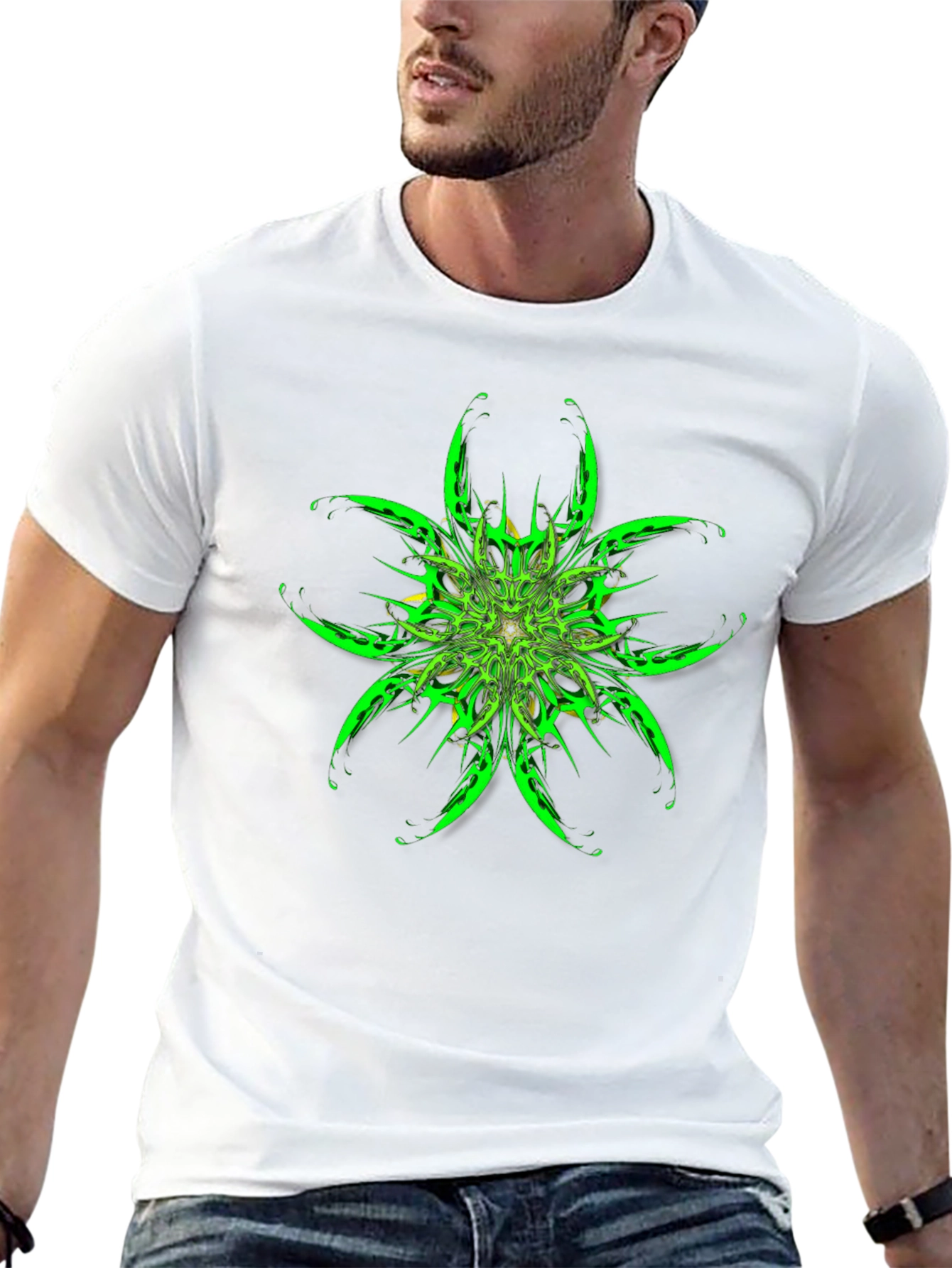 Abstract Green Floral Graphic Black T-Shirt