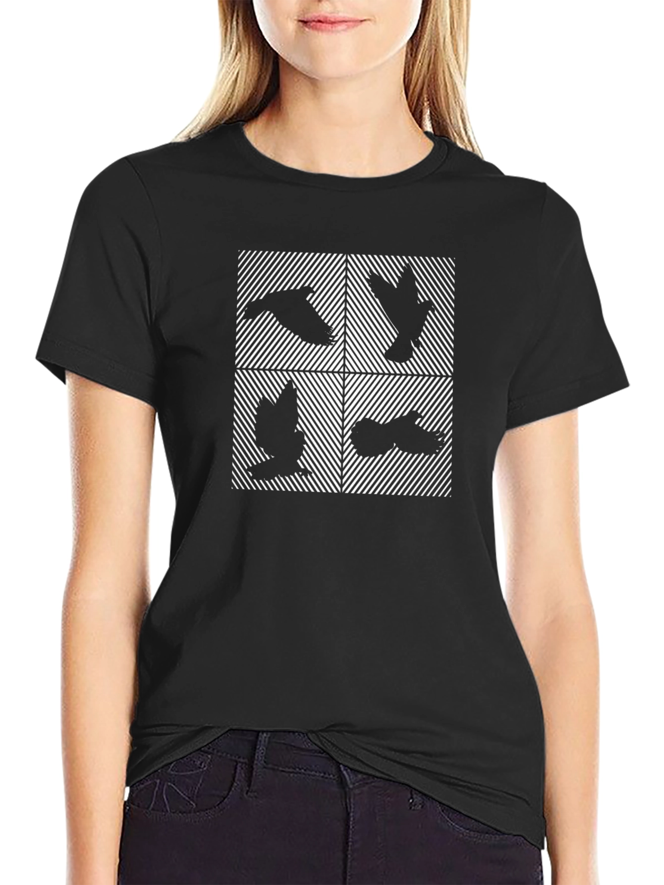 Abstract Bird Print Black T-Shirt