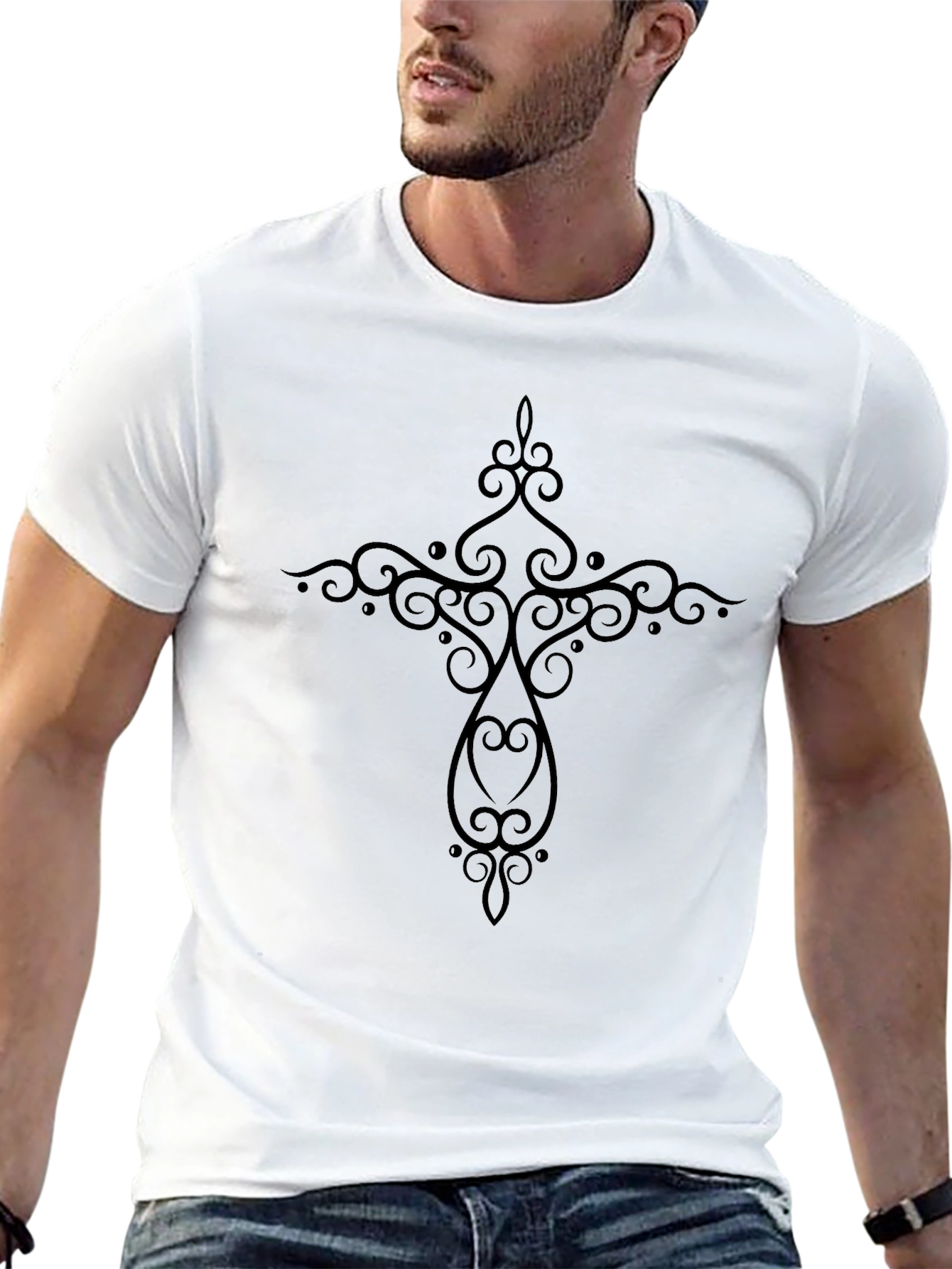 Elegant Cross Design Black T-Shirt