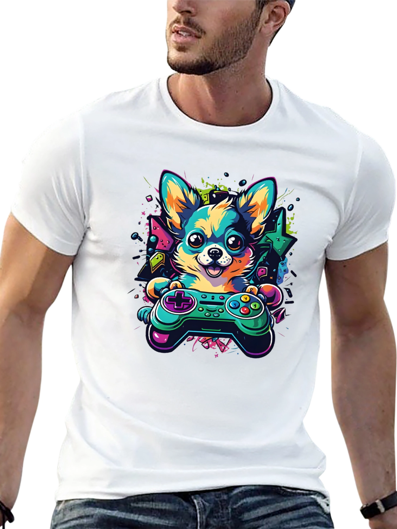 Gaming Dog Controller T-Shirt – Neon Gamer Dog Lover Graphic Tee Gift