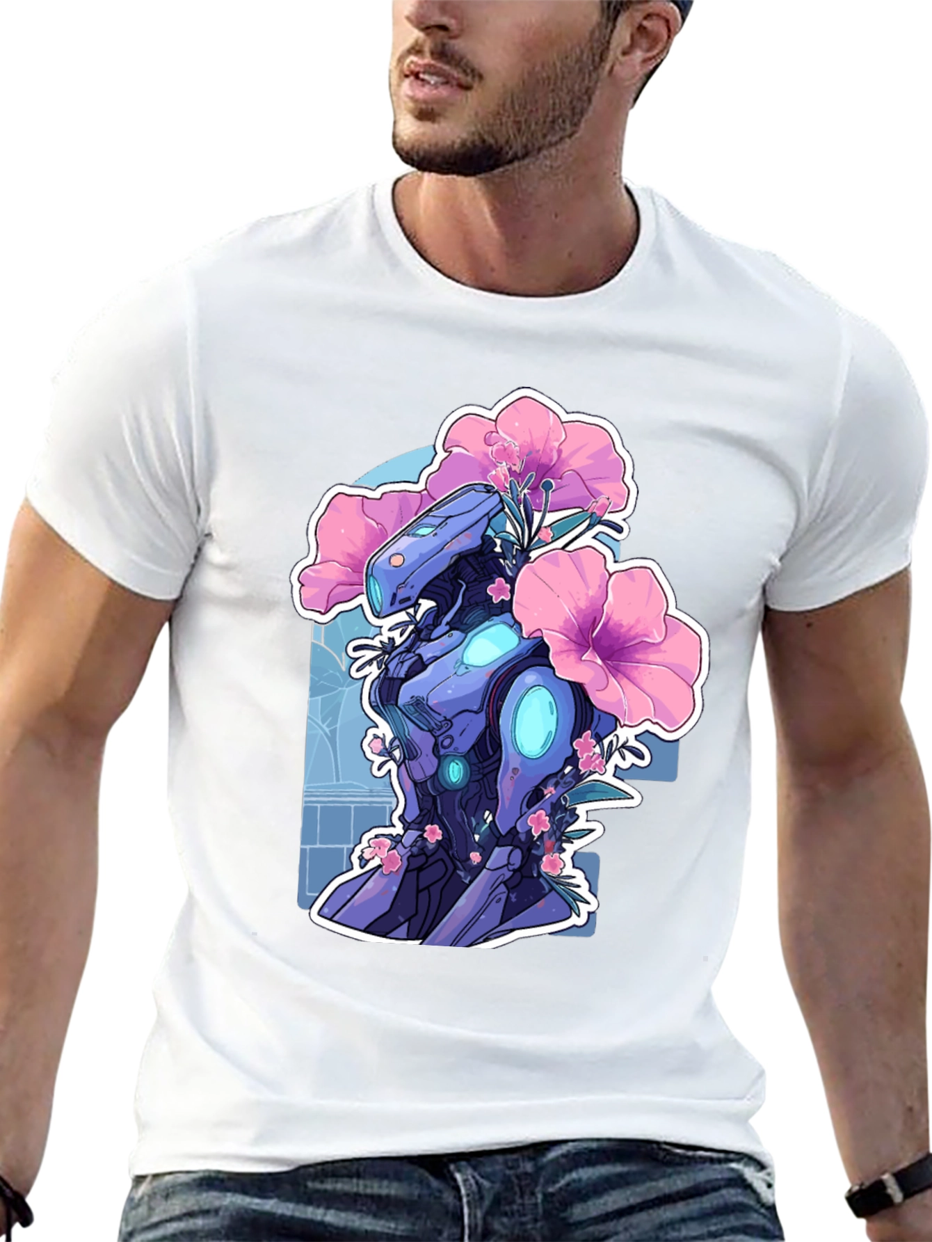 Robot & Flowers Graphic Tee - Black Casual Shirt