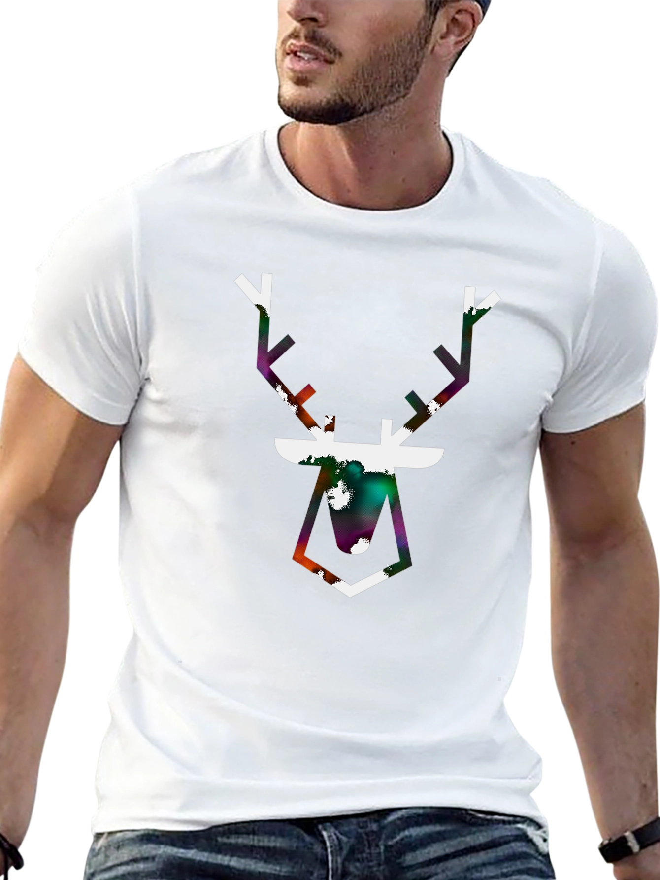 Geometric Deer Graphic Tee - Black Cotton Blend