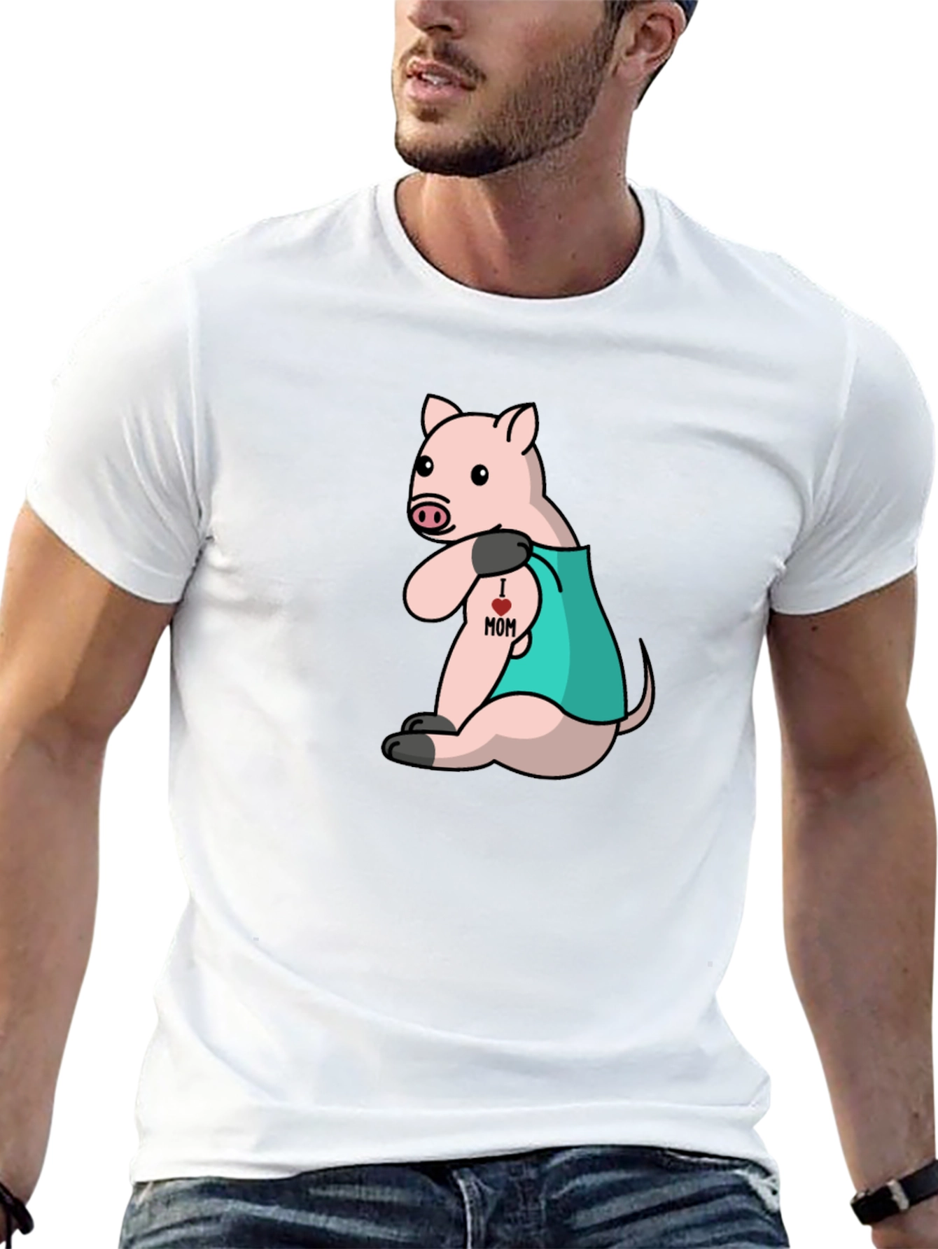Pig I Love Mom Tattoo Black T-Shirt
