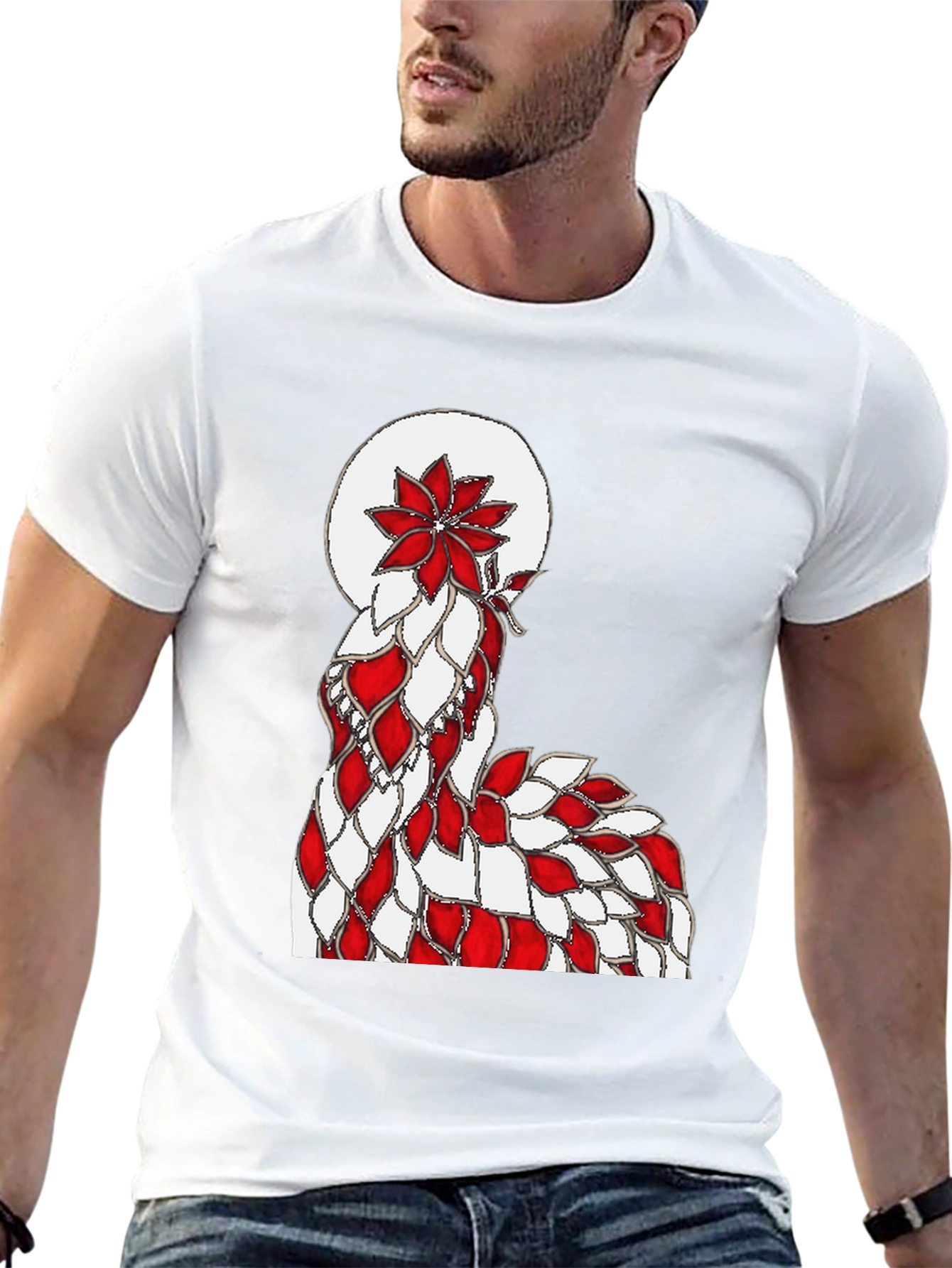 Abstract Red & White Floral Design Black T-Shirt