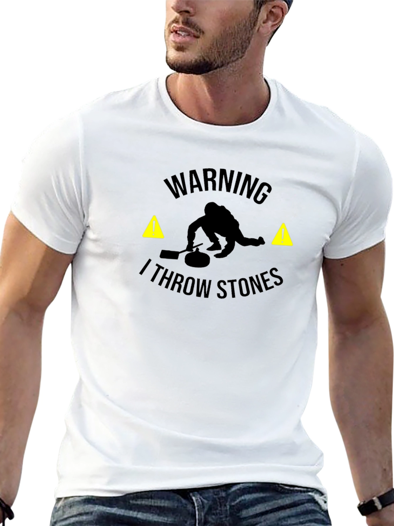 Warning I Throw Stones Black Graphic T-Shirt