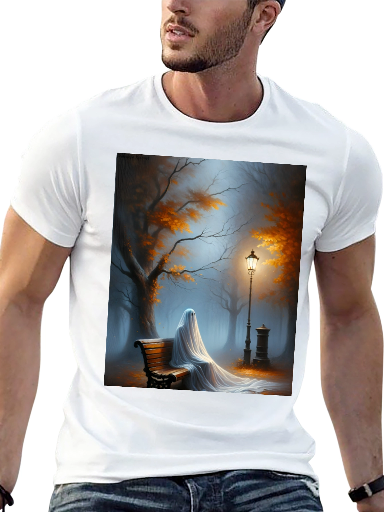Ghostly Park Bench Graphic Tee - Spooky Season Shirt