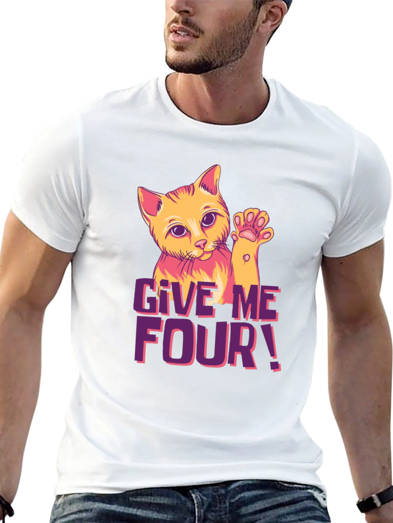 Give Me Four! Cat Graphic Black T-Shirt