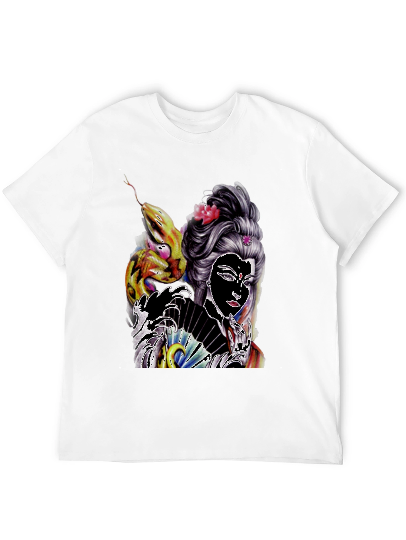 Geisha Snake Graphic T-Shirt - Black