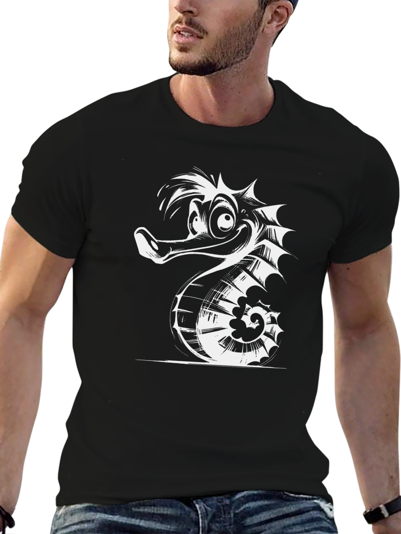 Funny Seahorse Graphic Black T-Shirt