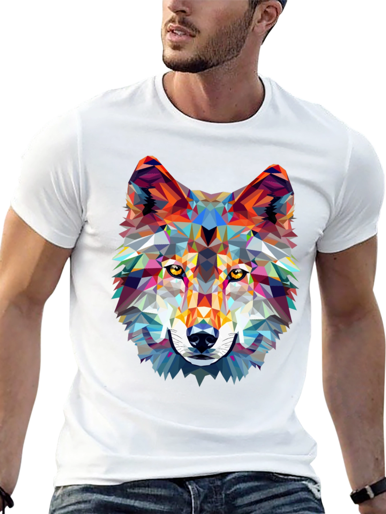 Geometric Wolf Graphic Print Black T-Shirt