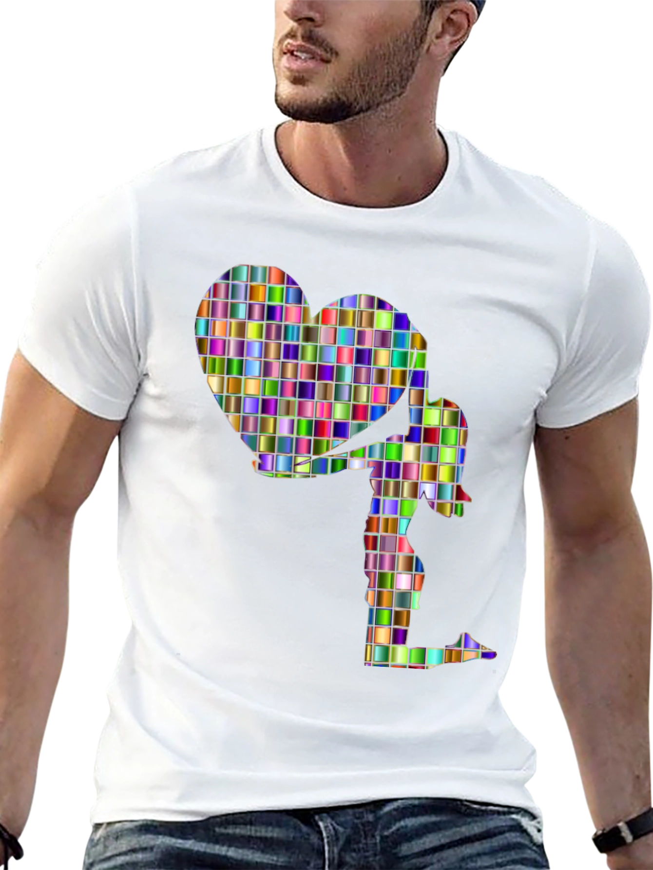Abstract Mosaic Heart and Figure Graphic Tee - Black