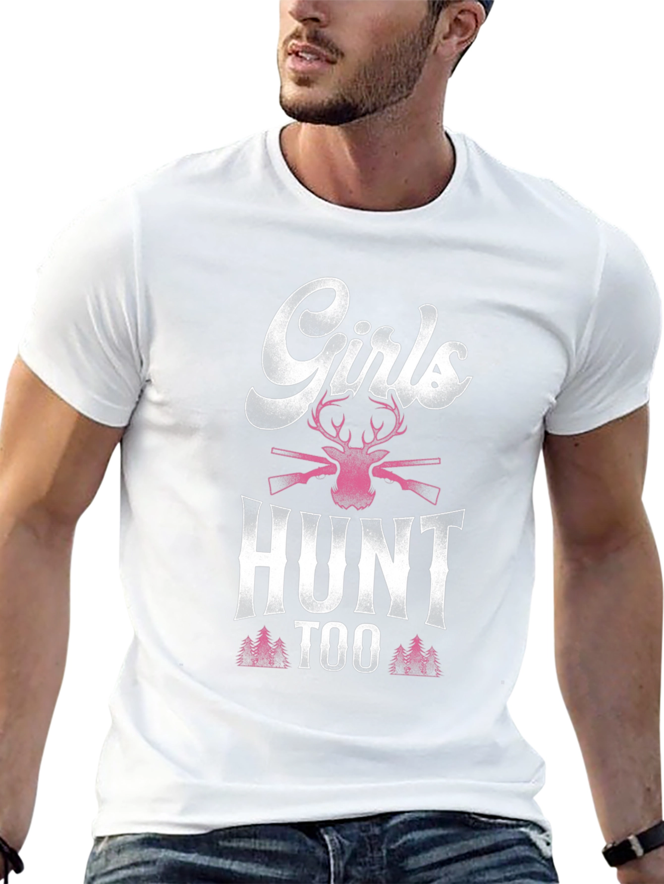Girls Hunt Too T-Shirt: Deer and Rifle Design