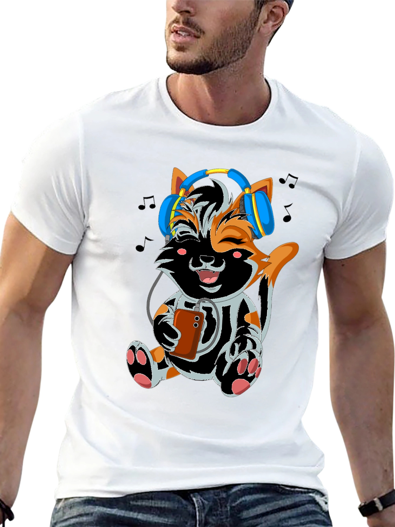 Cute Cat with Headphones Black T-shirt