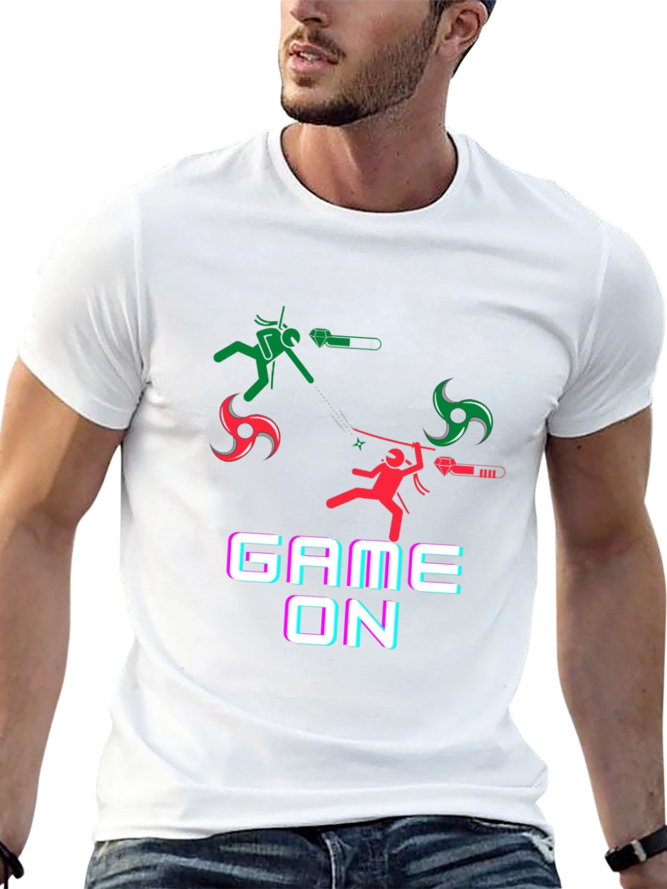 Game On Black T-Shirt - Ninja Stick Figure Design