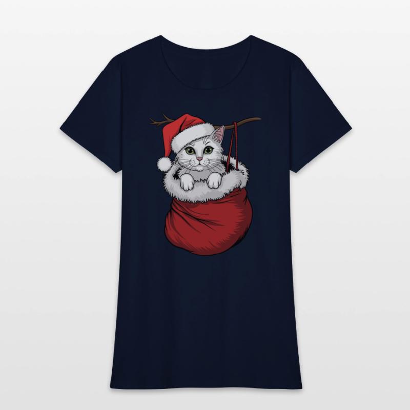 White Cat Wearing Santa Hat In Christmas Stocking