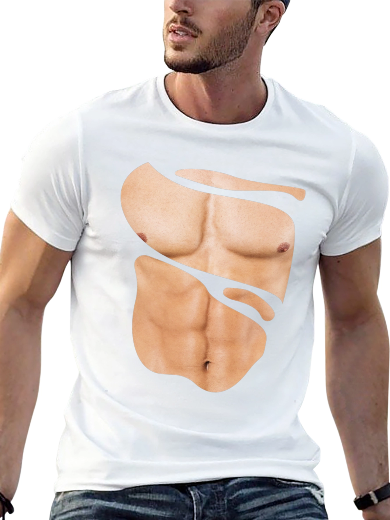 Funny Muscle Print T-Shirt - Abs Illusion Black Tee