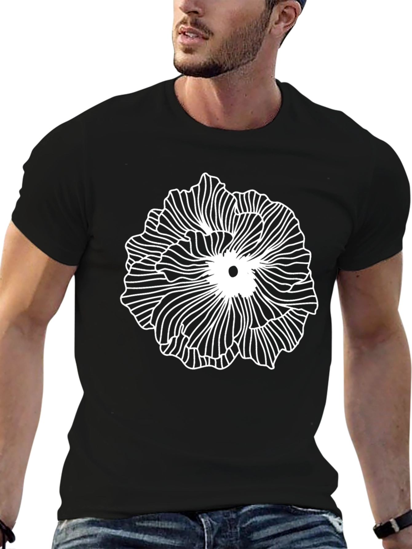 Abstract Floral Line Art Black T-Shirt