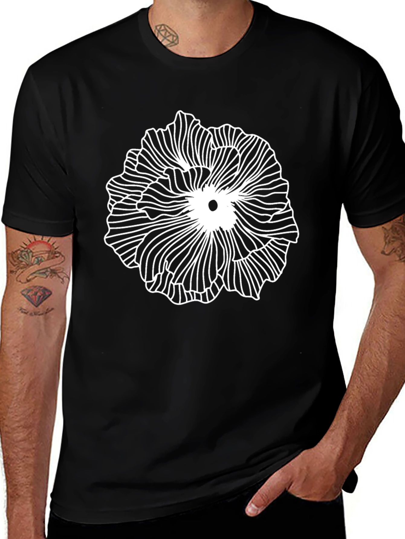 Abstract Floral Line Art Black T-Shirt