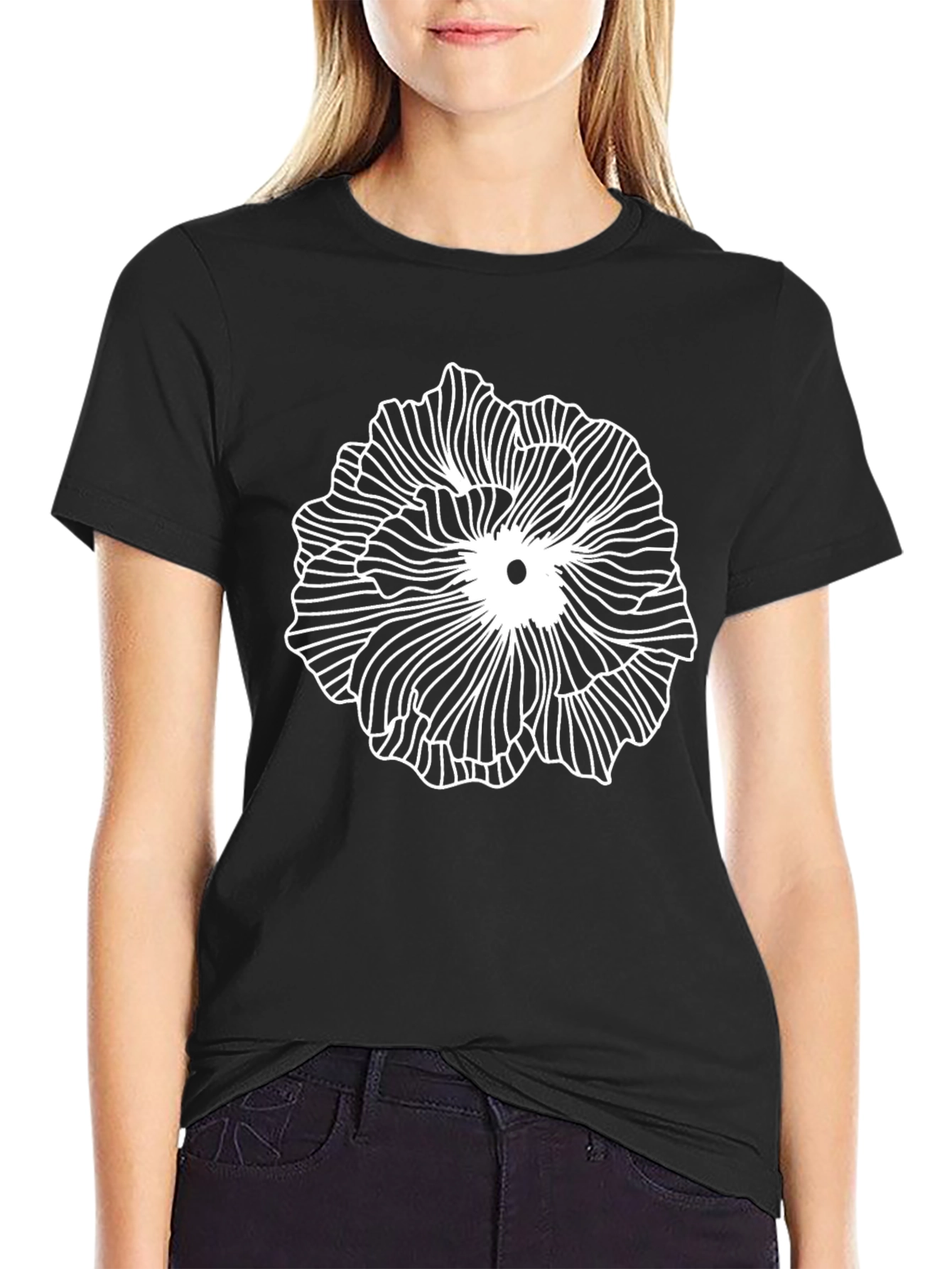 Abstract Floral Line Art Black T-Shirt
