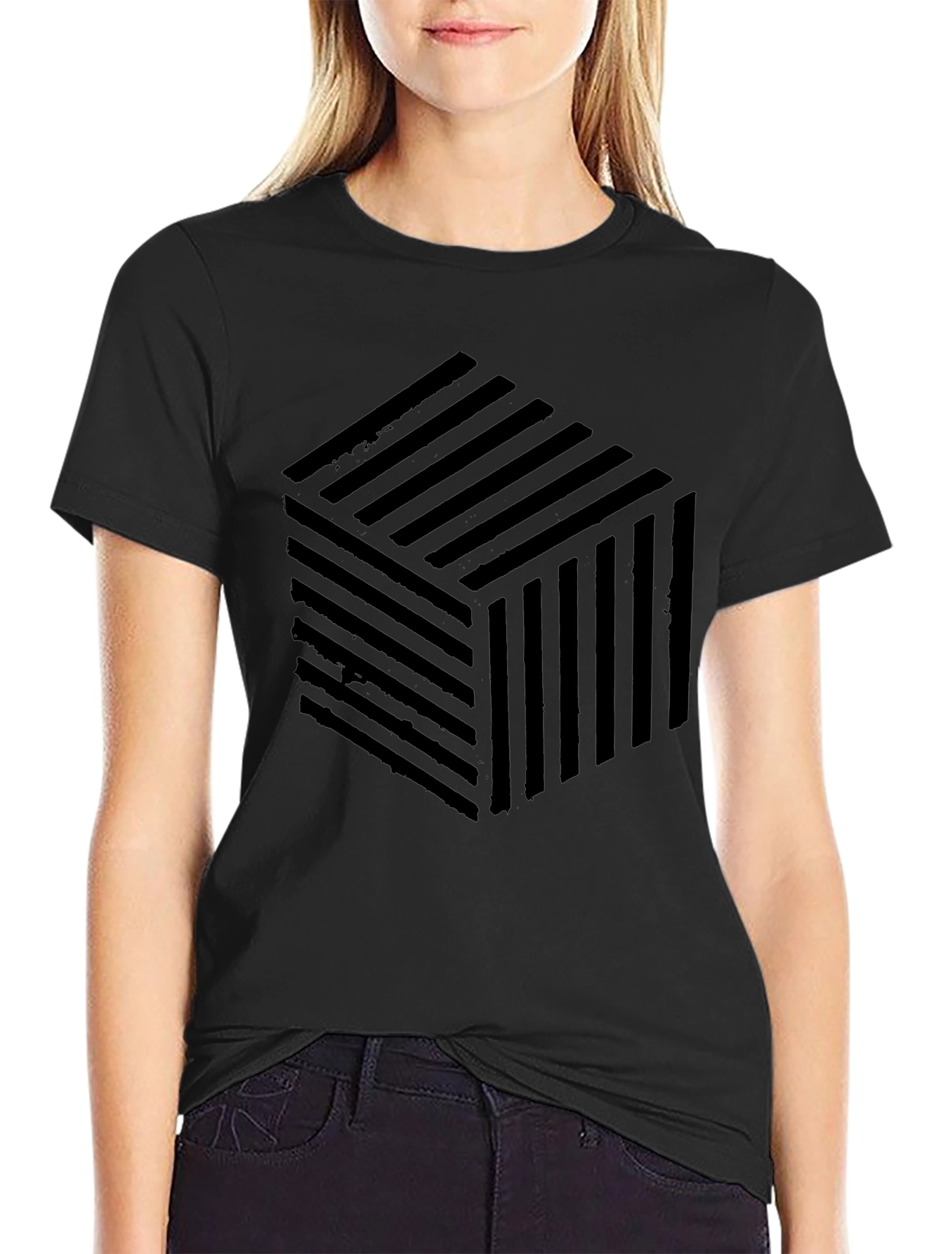 Abstract Cube Pattern Black T-Shirt