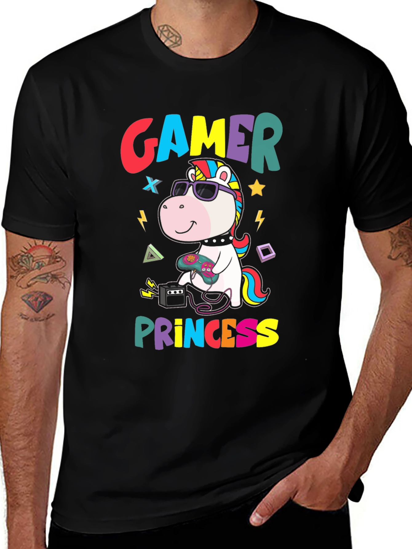 Gamer Princess Unicorn Black T-Shirt