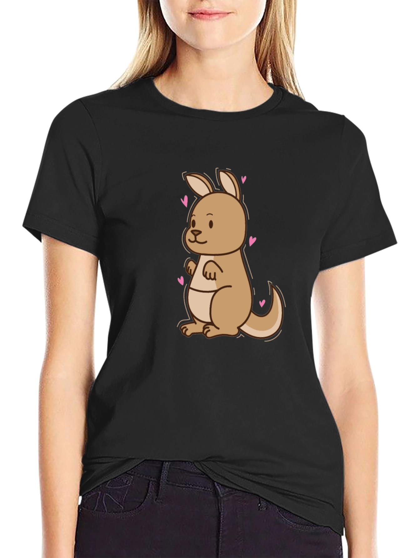 Cute Kangaroo Heart Tee - Black Cotton Blend T-Shirt