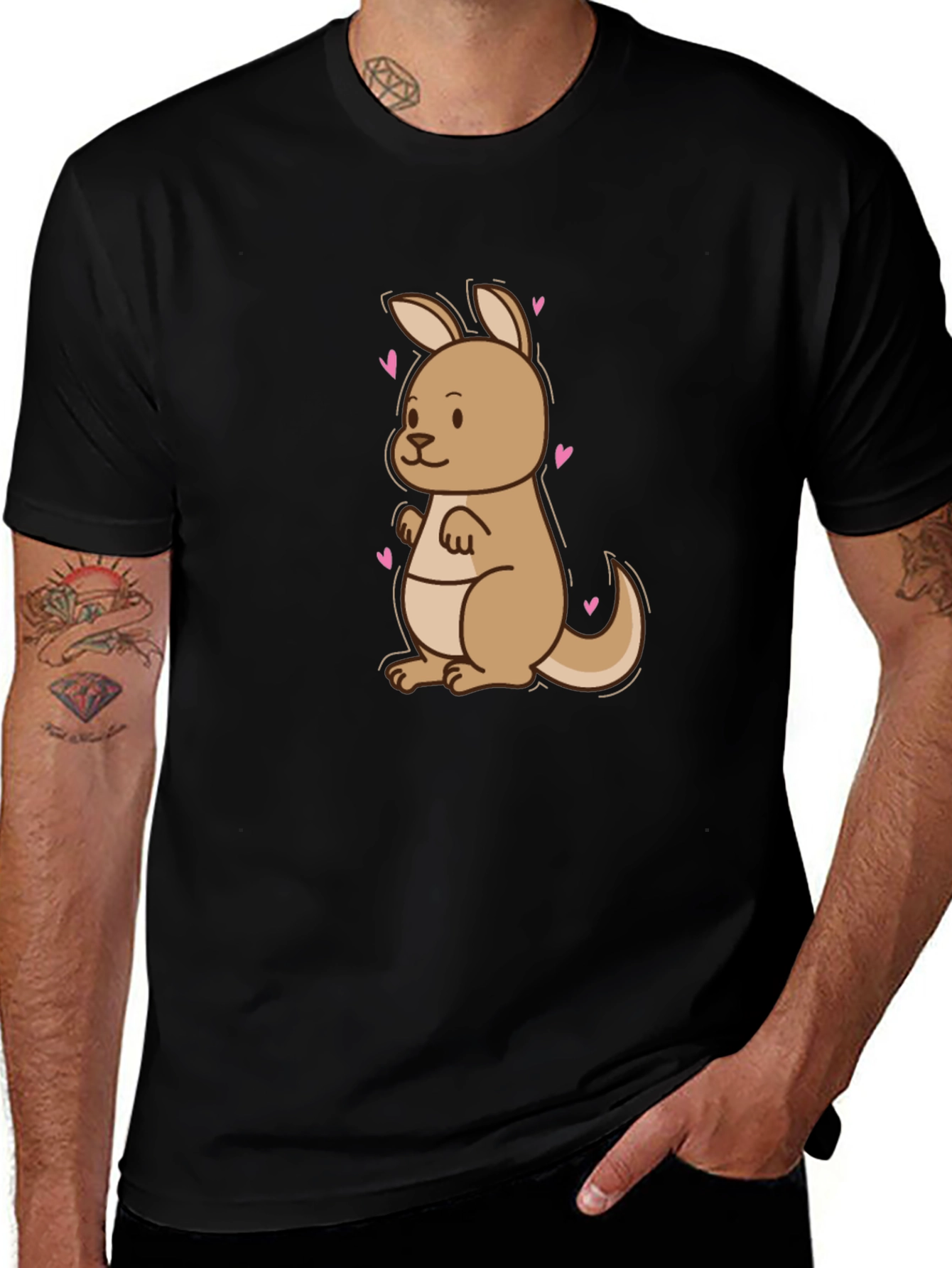 Cute Kangaroo Heart Tee - Black Cotton Blend T-Shirt