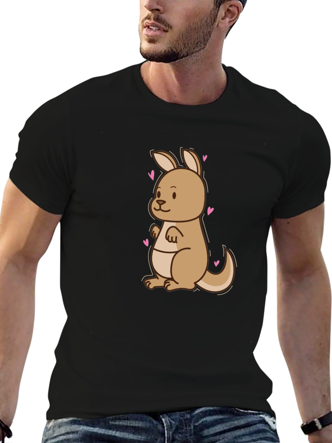 Cute Kangaroo Heart Tee - Black Cotton Blend T-Shirt