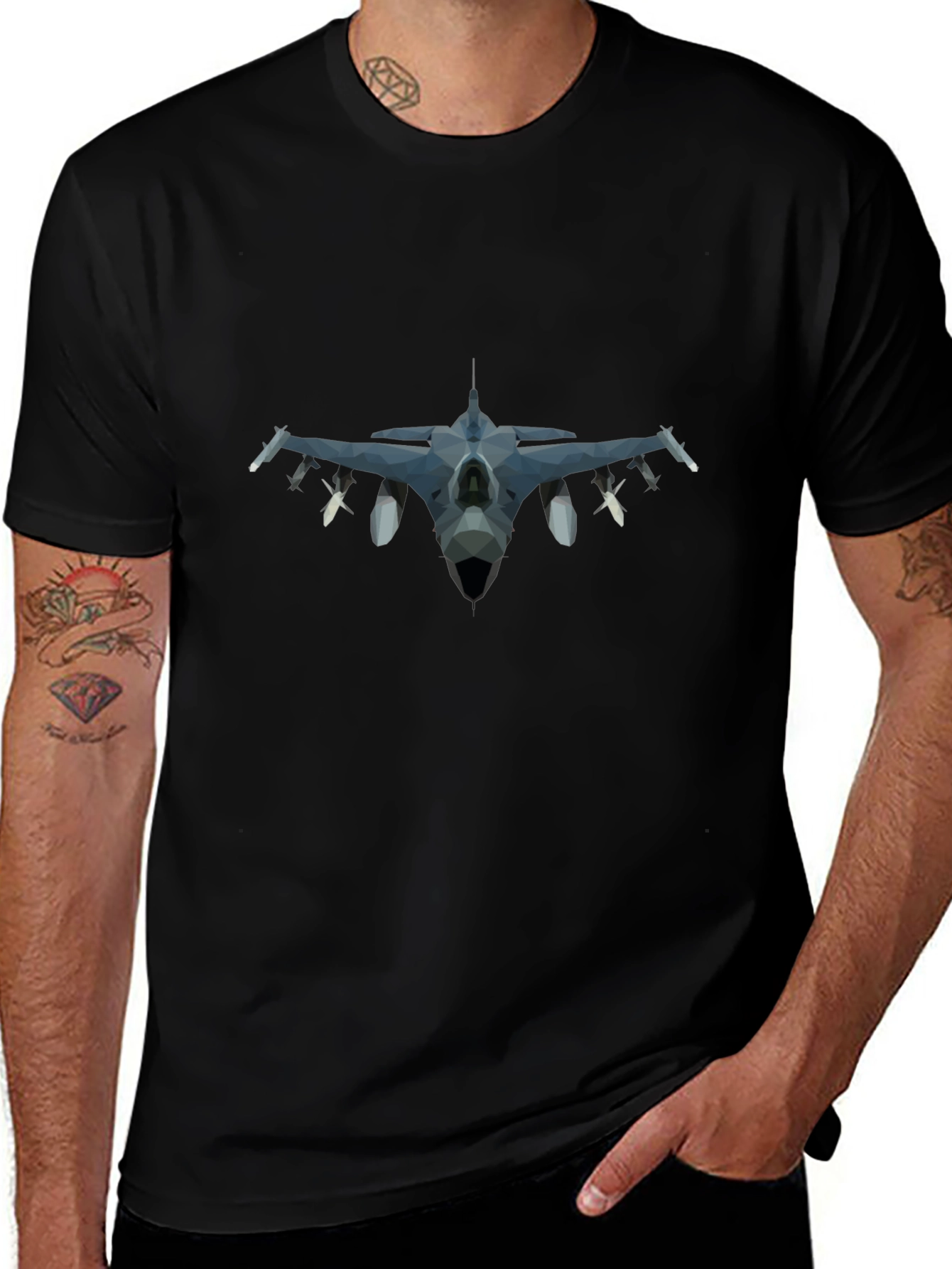 Geometric Jet Fighter Graphic Tee - Black