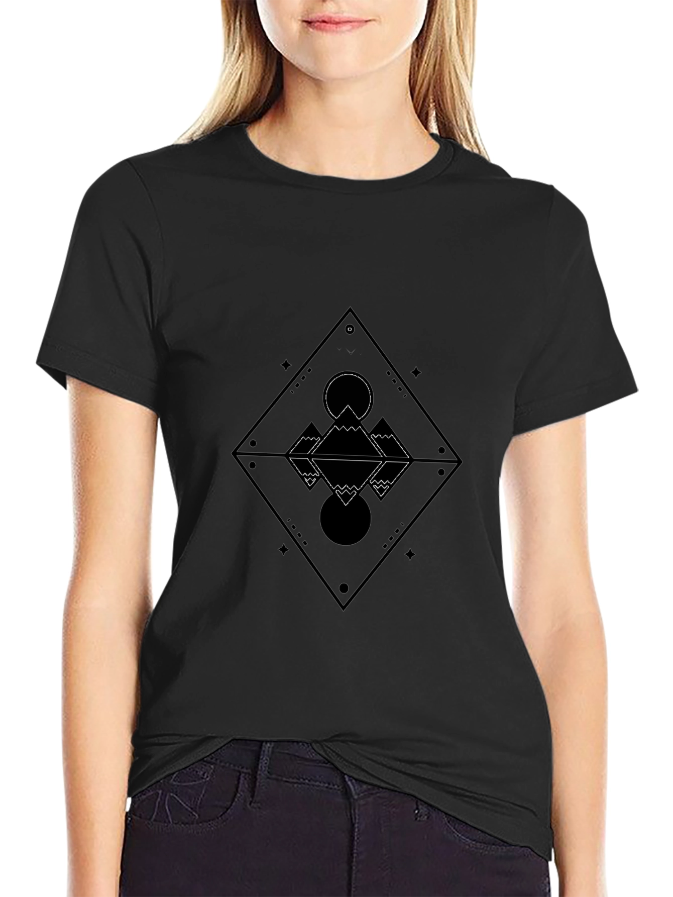 Geometric Mountain Reflection Graphic Tee - Black