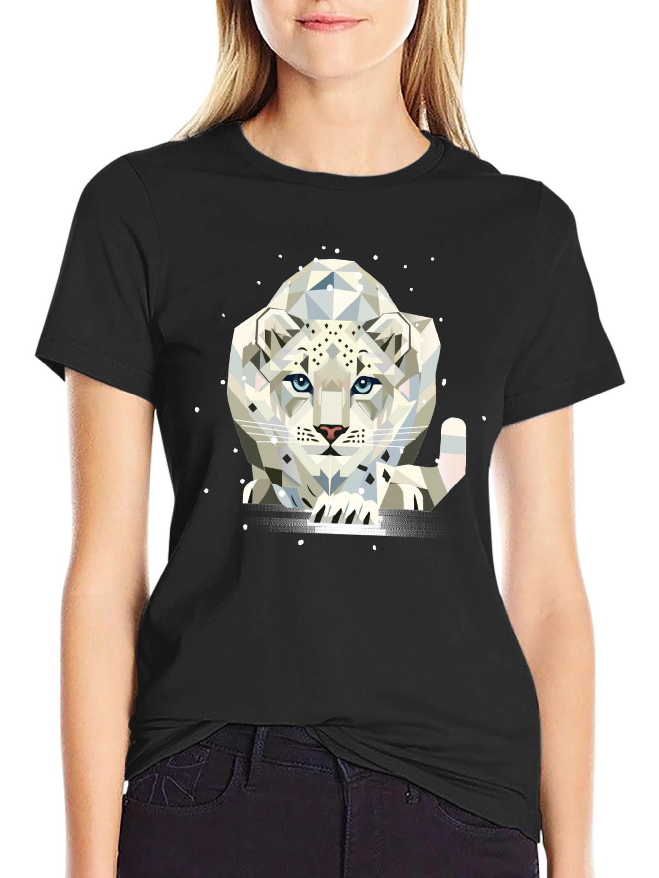 Geometric Snow Leopard Graphic Tee - Black T-Shirt