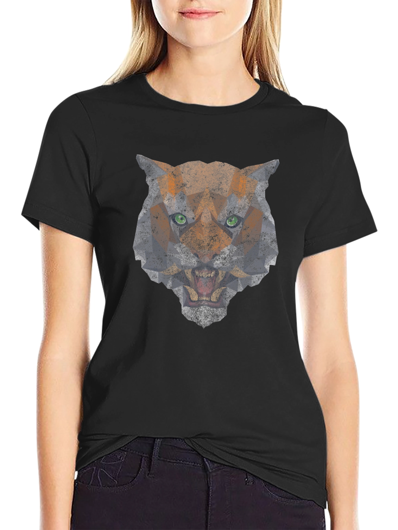 Geometric Tiger Graphic Print Black T-Shirt