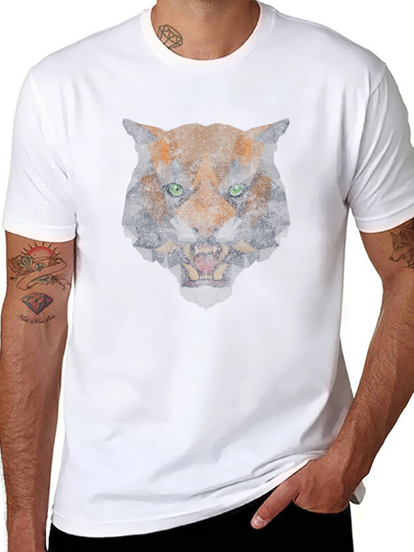 Geometric Tiger Graphic Print Black T-Shirt