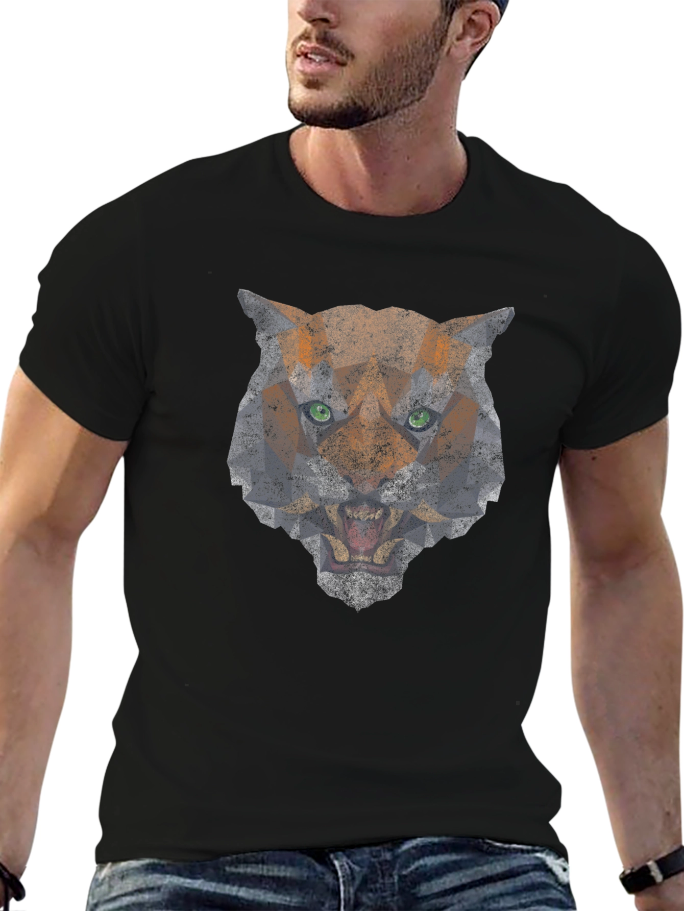 Geometric Tiger Graphic Print Black T-Shirt
