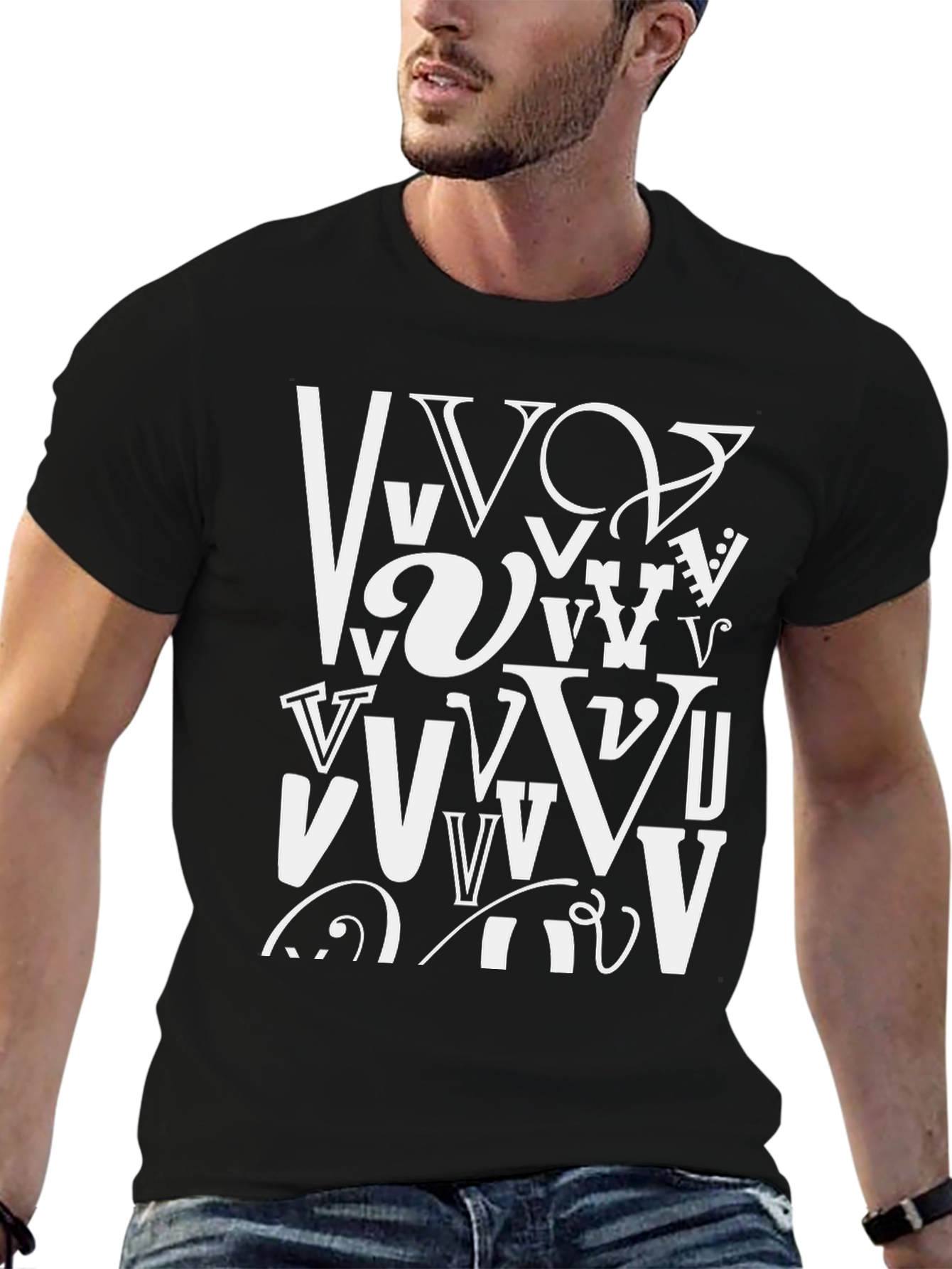 Abstract Letter V Graphic Black T-Shirt