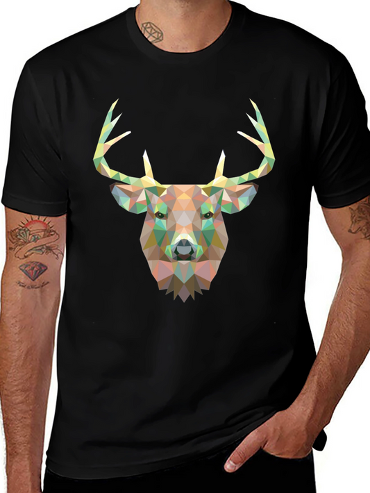 Geometric Deer Head Graphic Black T-Shirt