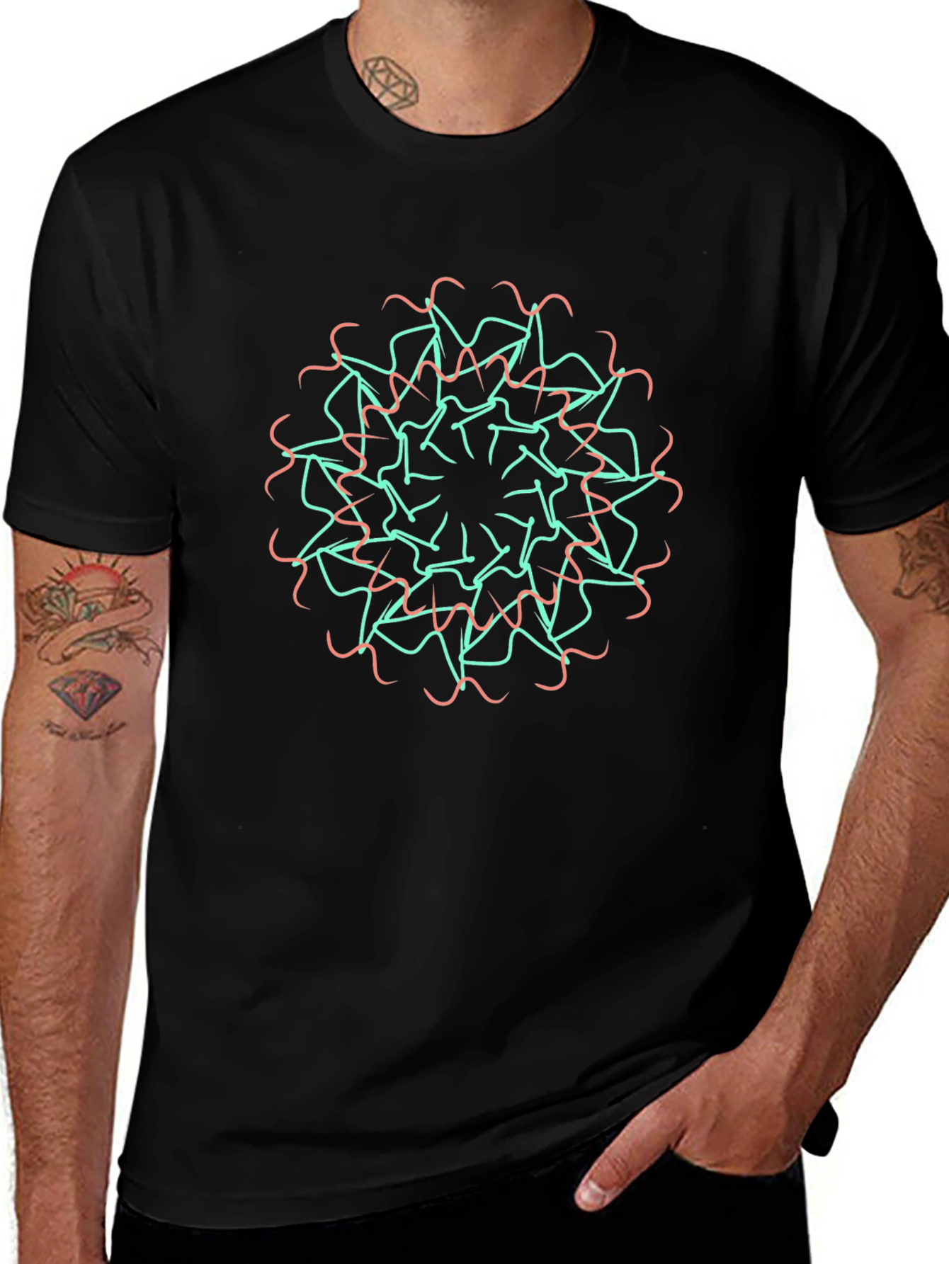 Abstract Geometric Mandala Graphic Tee - Black