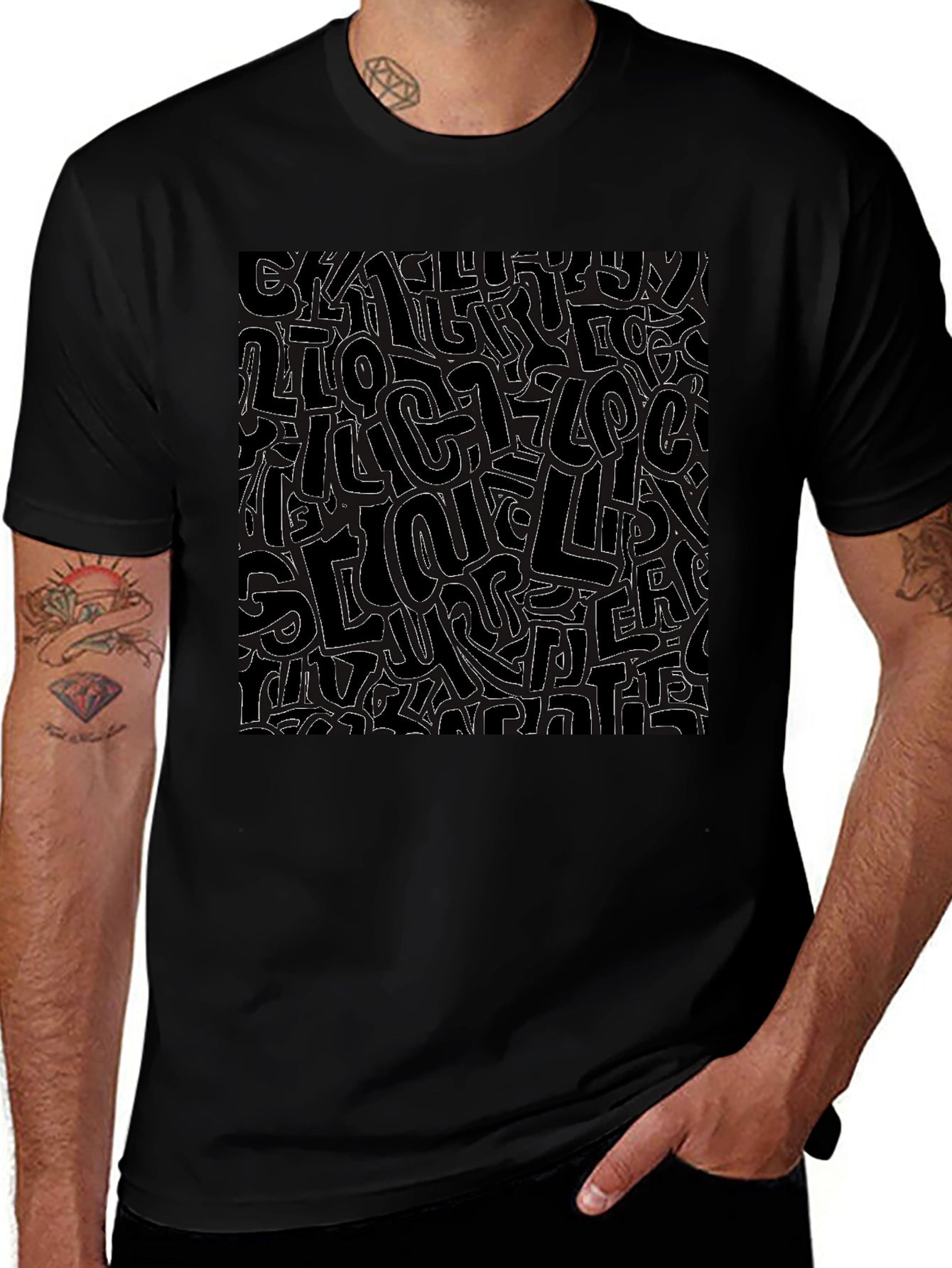 Abstract Letter Print Black Crew Neck T-Shirt