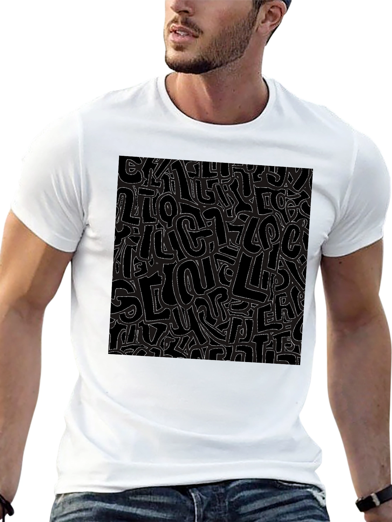Abstract Letter Print Black Crew Neck T-Shirt