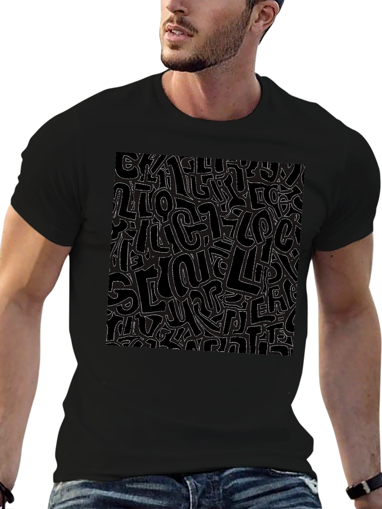 Abstract Letter Print Black Crew Neck T-Shirt