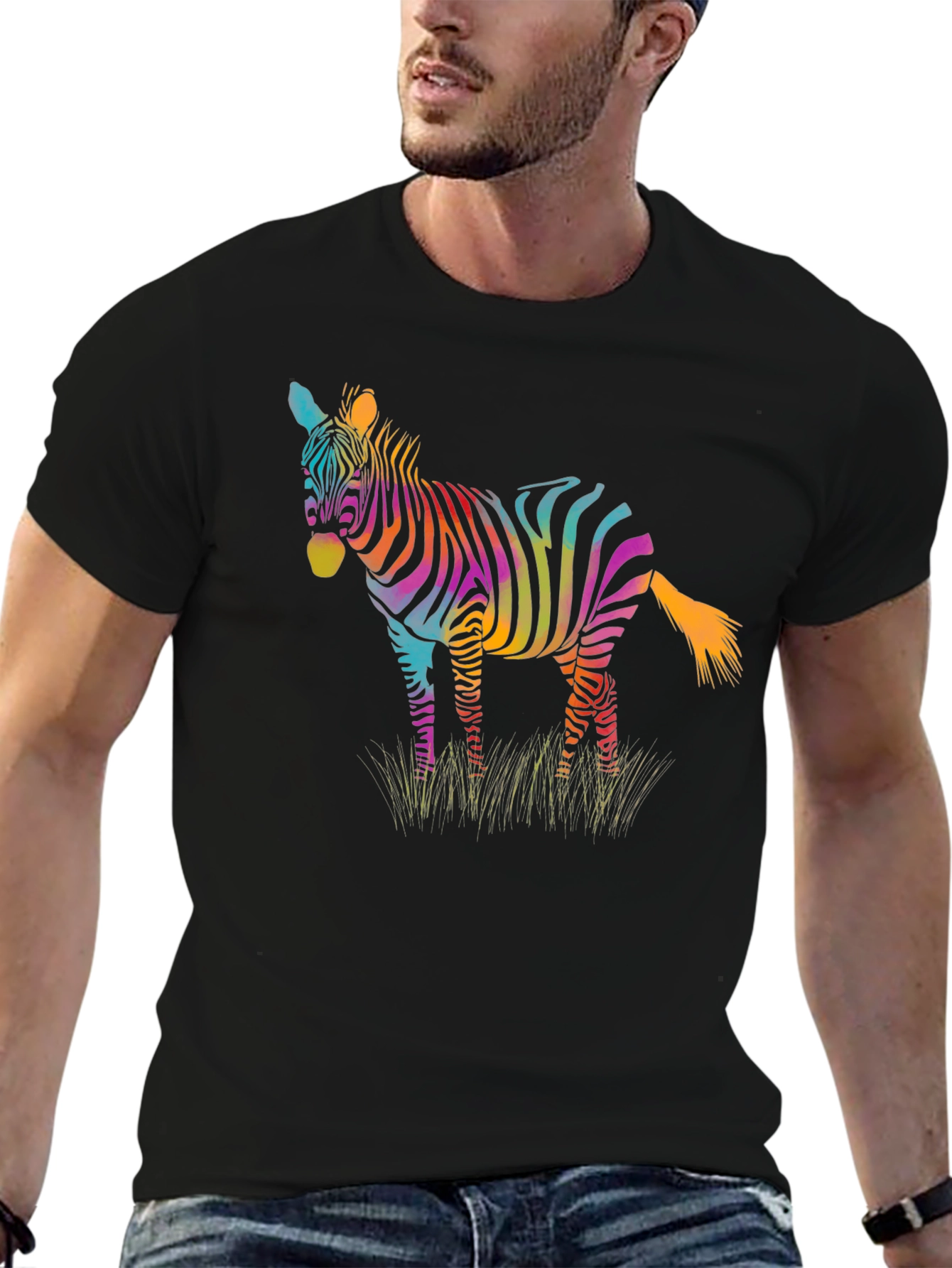 Rainbow Zebra Graphic Print Mens Black T-Shirt
