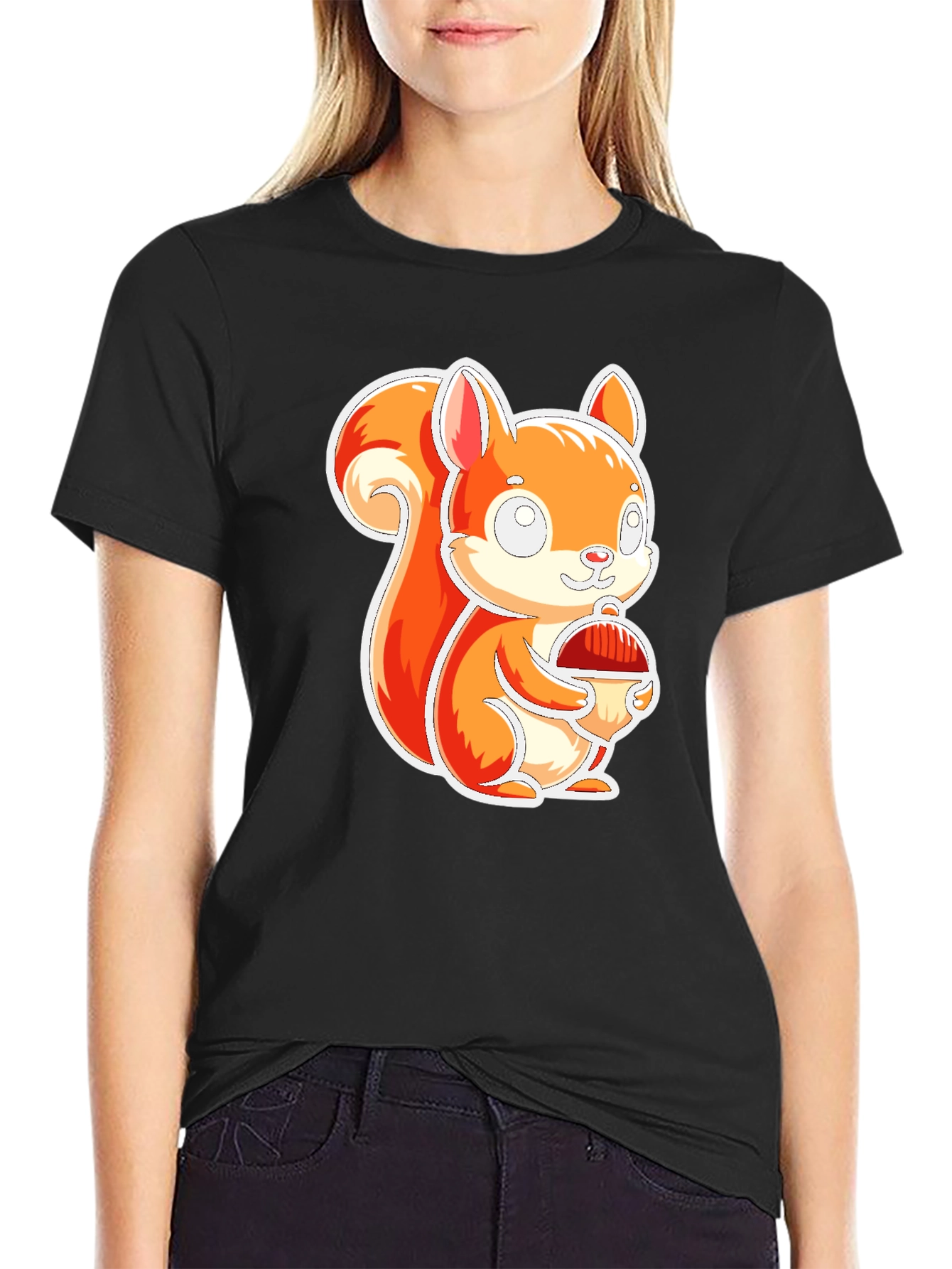 Cute Squirrel Holding Nut Black T-Shirt