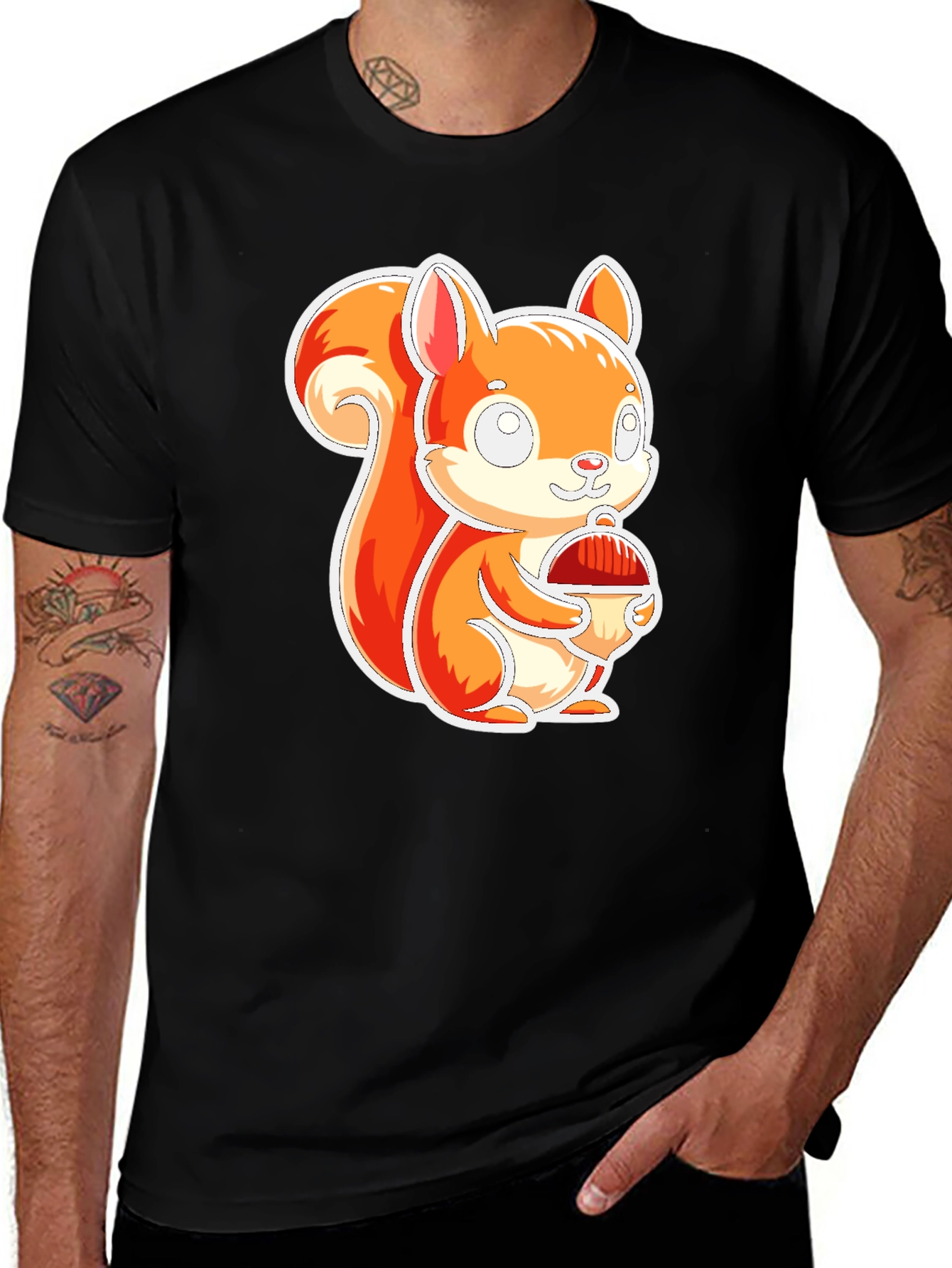 Cute Squirrel Holding Nut Black T-Shirt