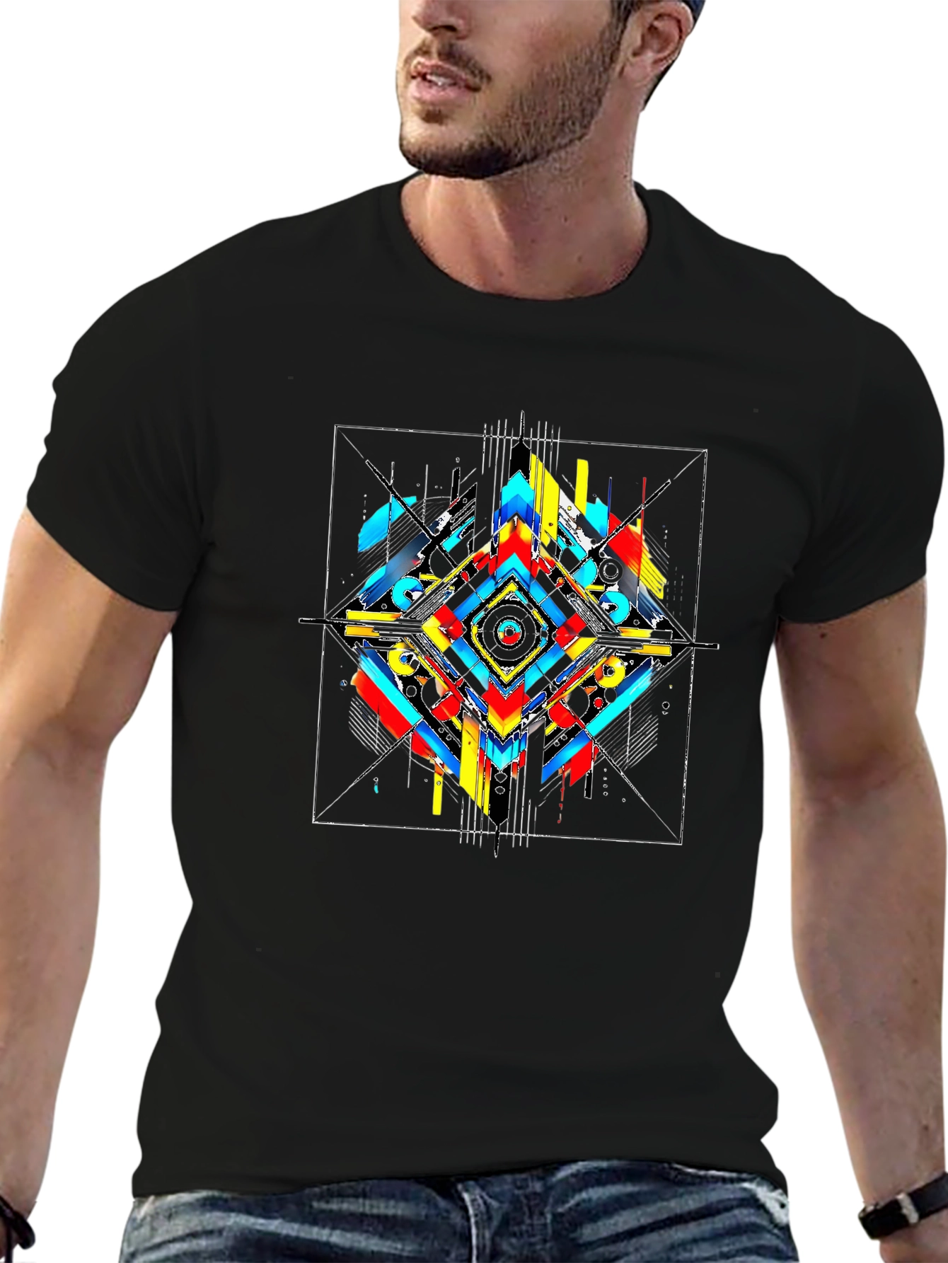 Abstract Geometric Print Black T-Shirt