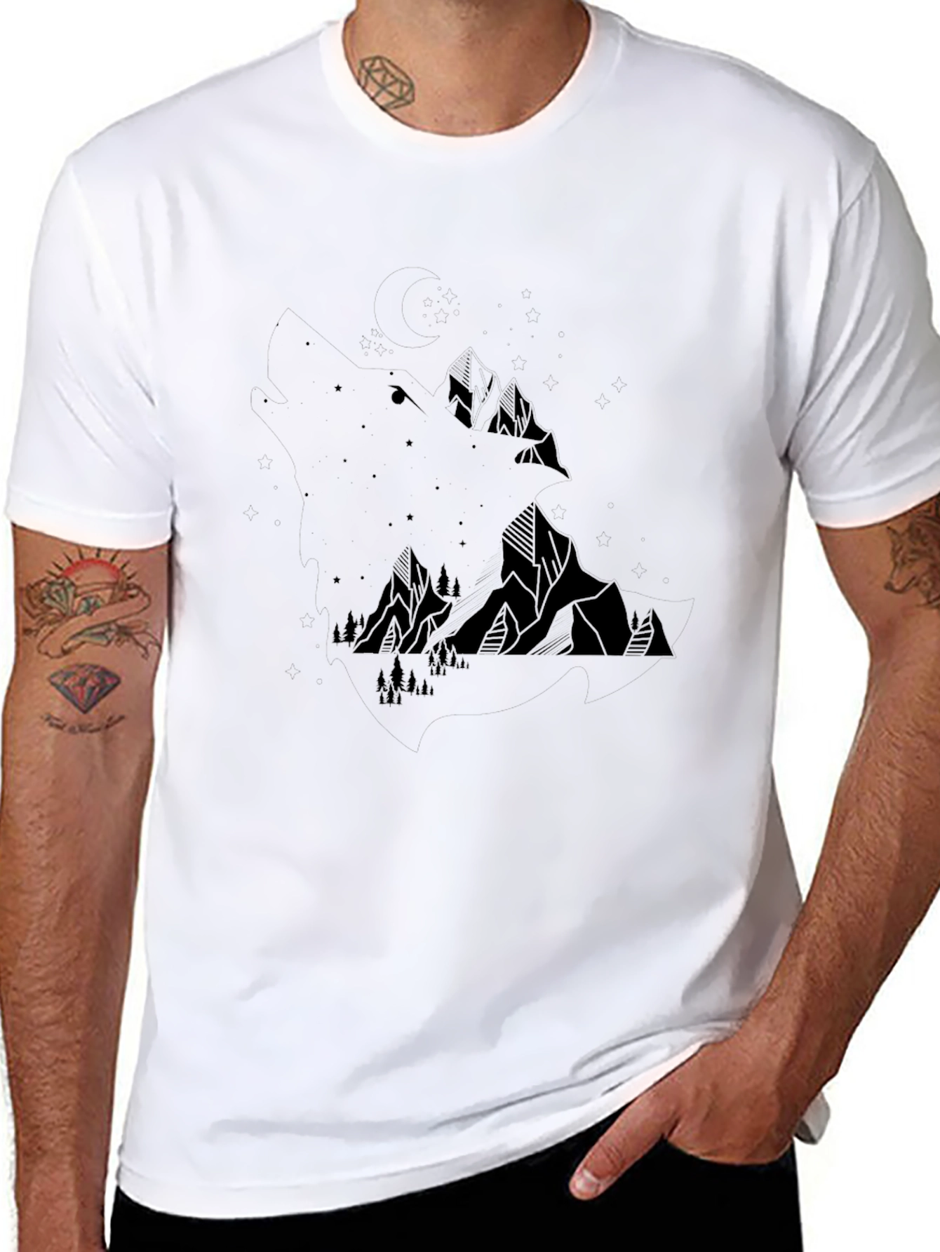 Geometric Mountain Scene Black T-Shirt