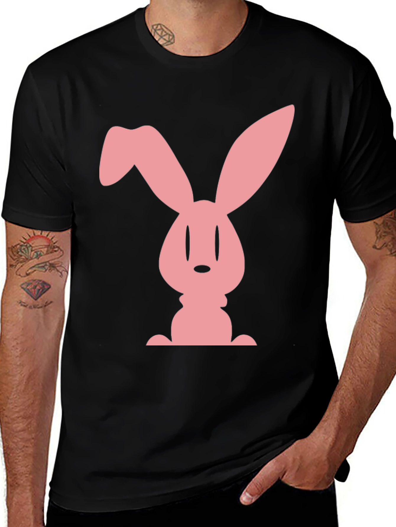 Pink Bunny Graphic Black Tee - Soft Cotton Blend